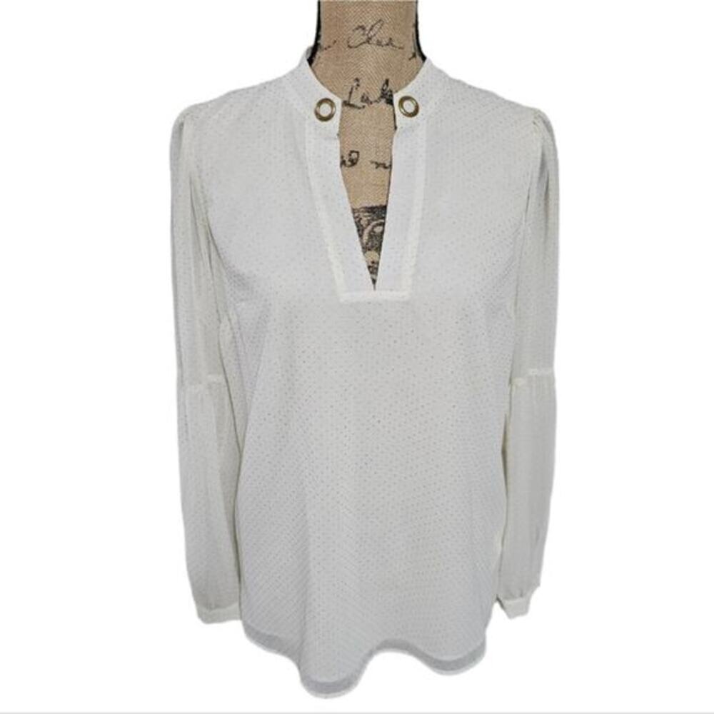 Michael Kors White and‎ Gold Dot Slightly Sheer Long Sleeve Blouse Size XS